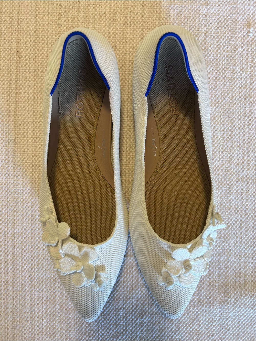 Rothy's Ivory Petal Point II Floral Knit Flats with Blue Trim Size 9.5